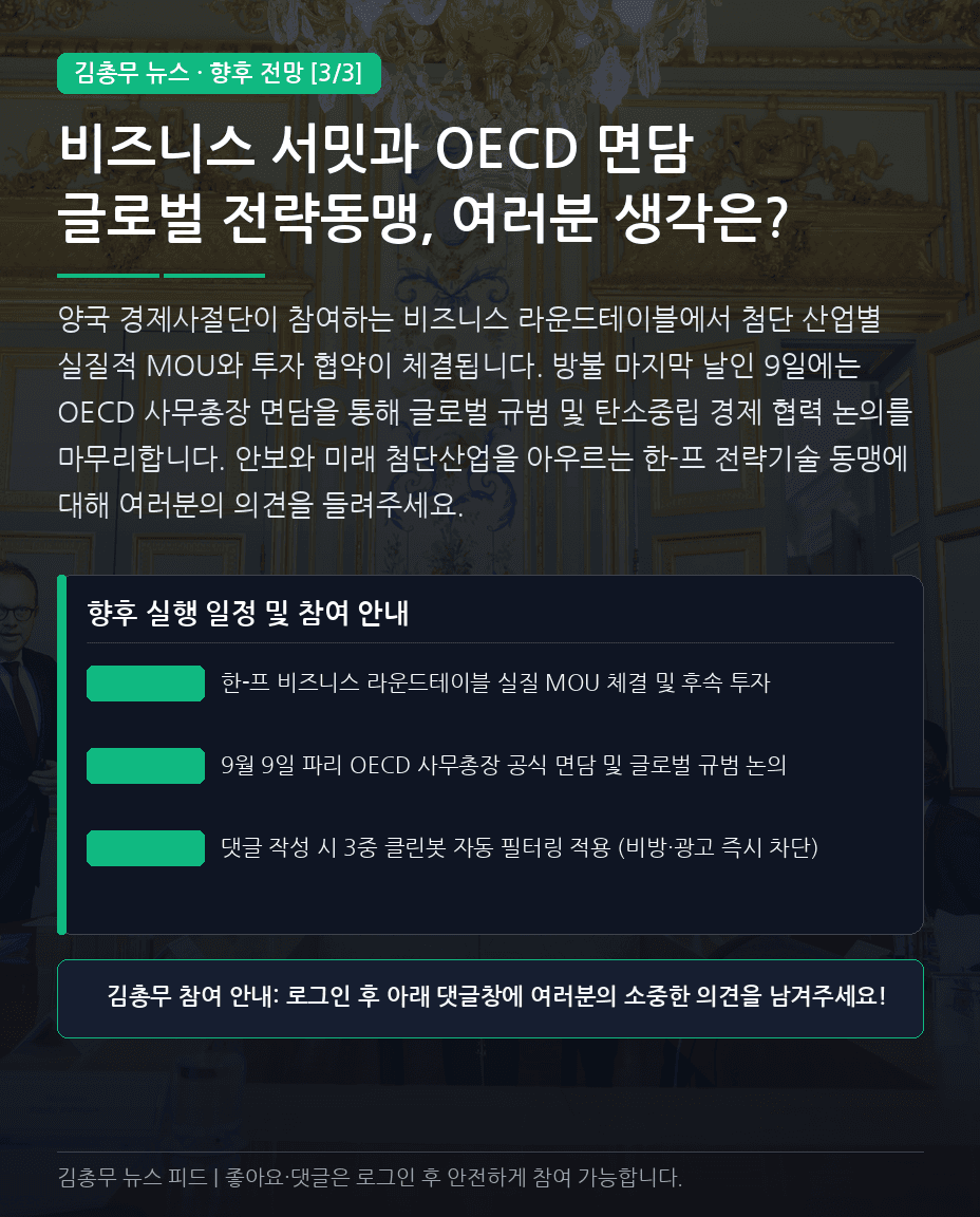 파리 엘리제궁 외교 회담 테이블 실물 사진 배경의 비즈니스 서밋 및 OECD 면담 일정 와이드 카드뉴스