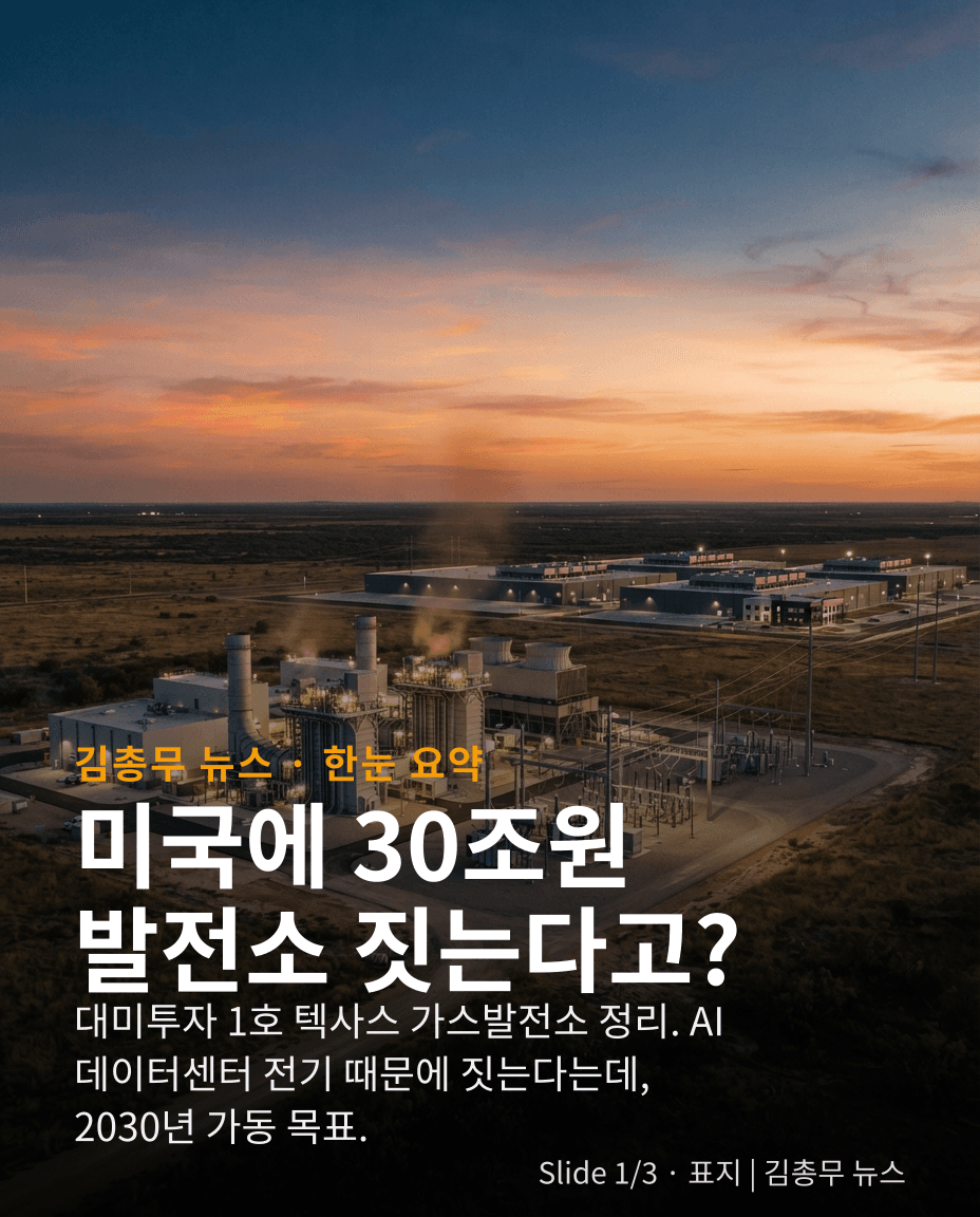 미국 텍사스 발전소 전경 위에 미국에 30조원 발전소 짓는다고라는 제목이 적힌 김총무 뉴스 첫 번째 카드