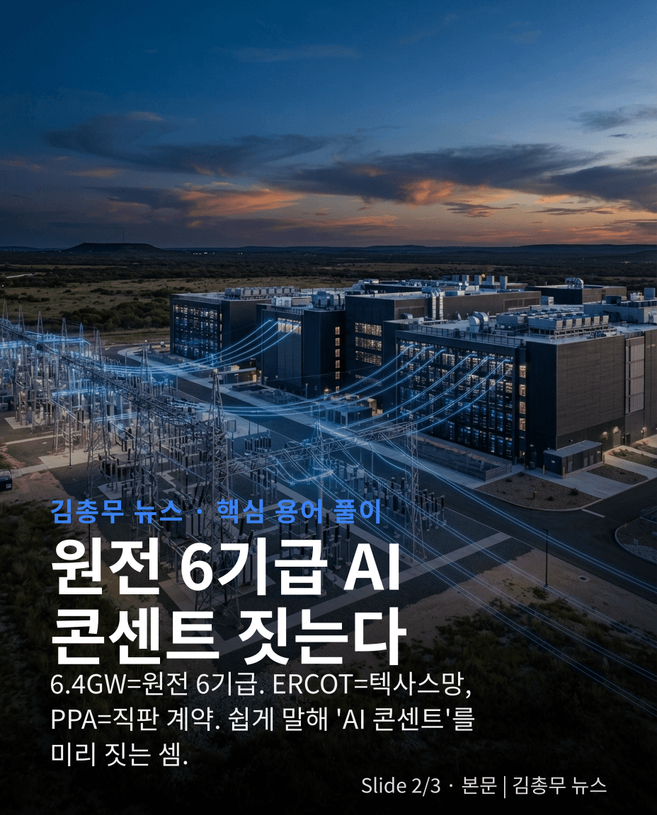 텍사스 데이터센터와 전력망 위에 원전 6기급 AI 콘센트 짓는다는 설명이 적힌 두 번째 카드