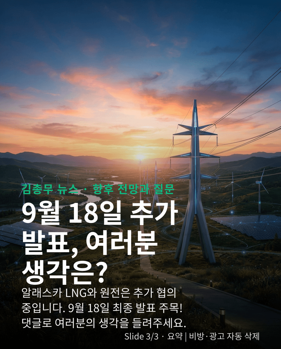 송전망 풍경 위에 9월 18일 추가 발표와 의견 질문이 적힌 세 번째 카드